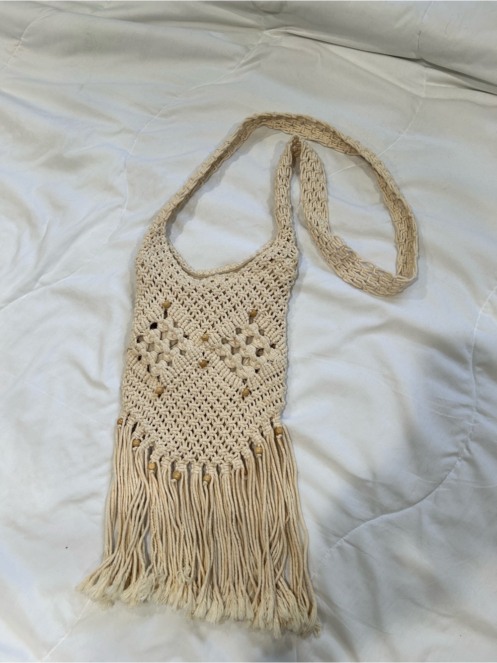 Crocheted Fringe Crossbody Bag in Cream